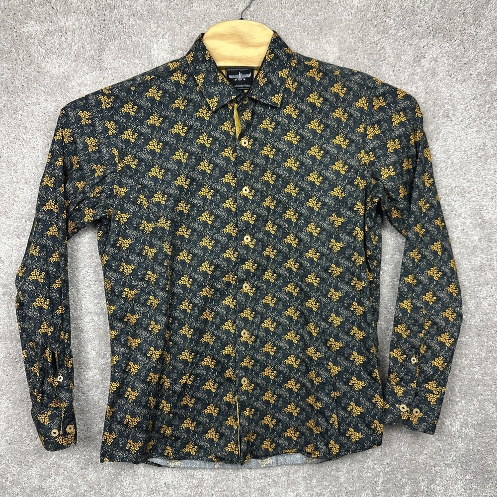Barabas Mens Large Floral Button Up Shirt Yellow Cotton Long Sleeve Casual Bold